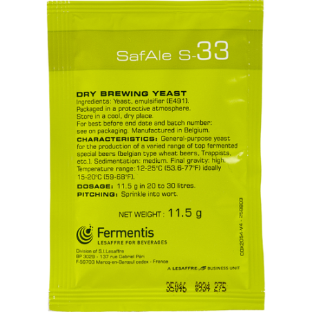 Safale S-33 Dry Brewing Yeast 11.5 Grams