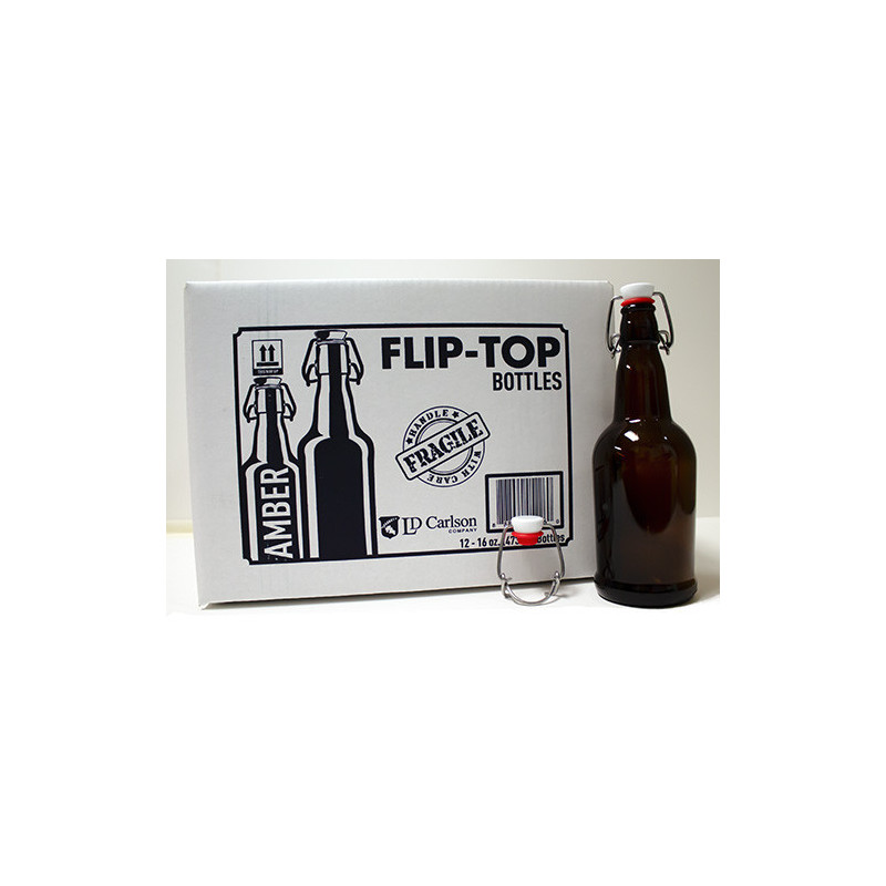 16 Oz Amber Flip-Top Bottles With Caps Included, 12/Case
