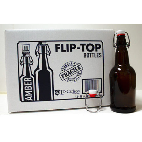16 Oz Amber Flip-Top Bottles With Caps Included, 12/Case